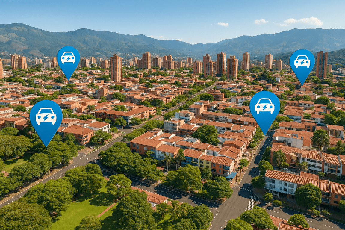 Mapa esquemático de estaciones de carga en Laureles, Medellín