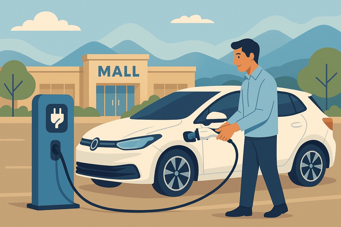 Conductor utilizando un centro comercial de Bello como punto de carga para continuar su ruta