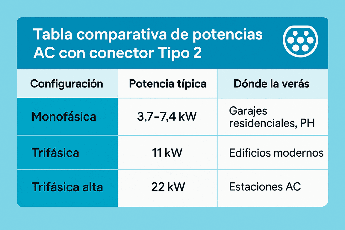 Tabla comparativa de potencias AC con conector Tipo 2