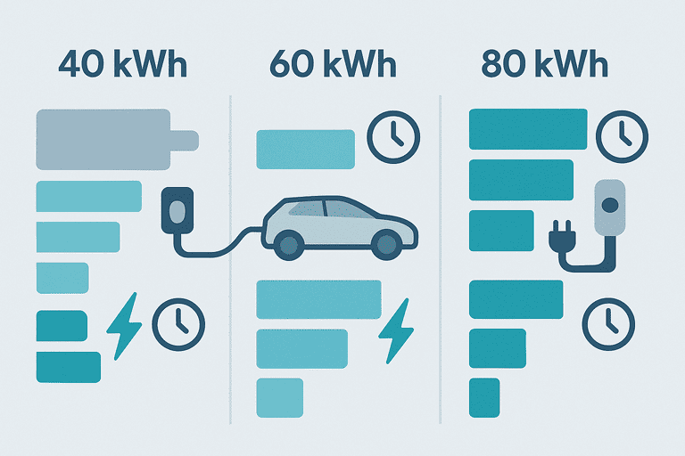 Tabla esquemática de tiempos de carga para diferentes tamaños de batería y potencias de cargador