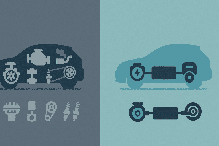 Diagrama simple mostrando los sistemas de un carro eléctrico frente a un carro de combustión