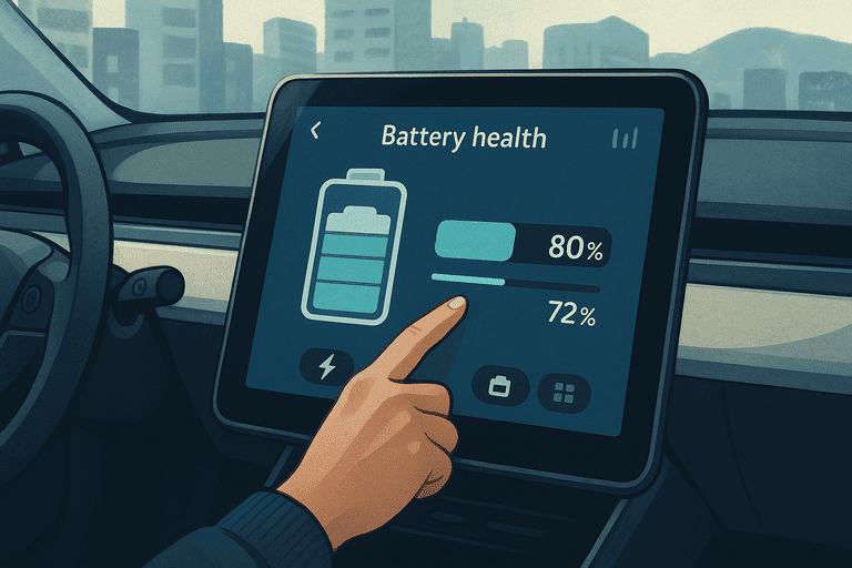 Pantalla de un carro eléctrico mostrando el estado de la batería