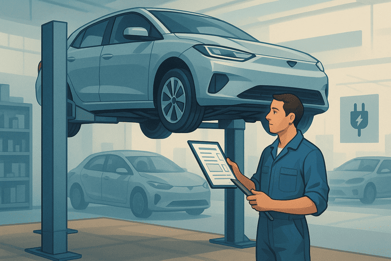 Mecánico revisando un carro eléctrico usado en un elevador