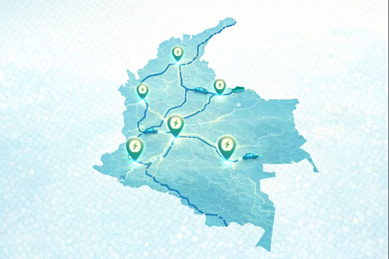 Mapa de Colombia con principales corredores de estaciones de carga rápida