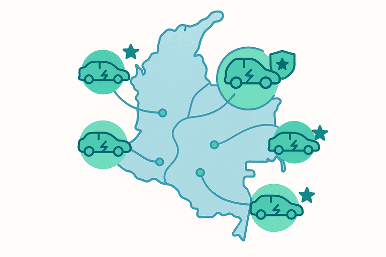 Mapa de Colombia con ciudades que ofrecen beneficios a vehículos eléctricos