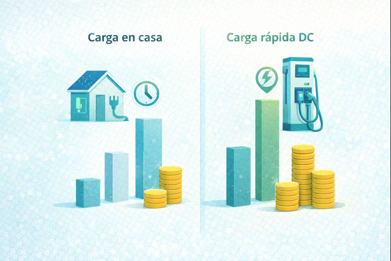Gráfico comparando tiempo y costo de carga rápida DC frente a carga en casa