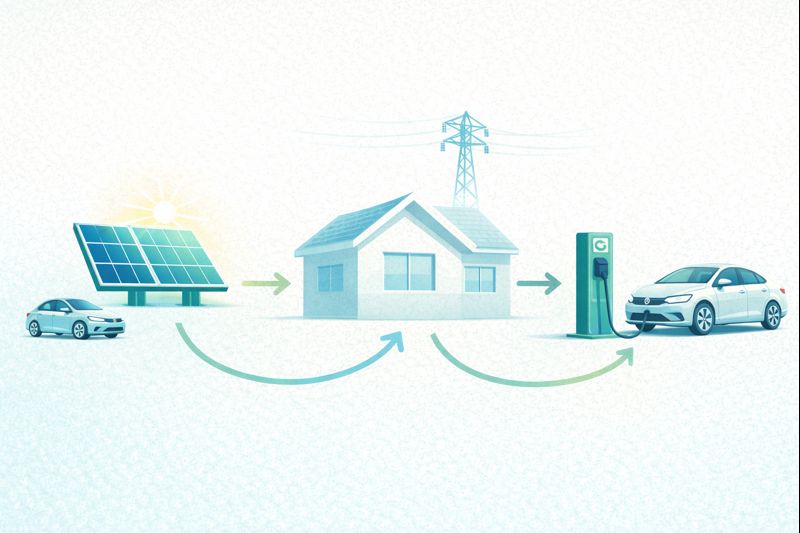 Flujo de energía entre red, paneles solares y carro eléctrico en un hogar colombiano