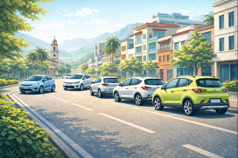 Carros eléctricos compactos y SUV económicos en una calle colombiana