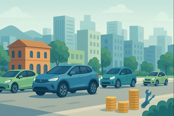 Ilustración de varios carros eléctricos compactos y SUV en una calle colombiana