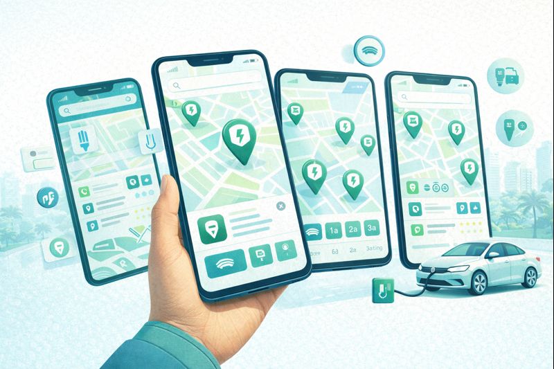 Pantallas de apps de estaciones de carga para vehículos eléctricos