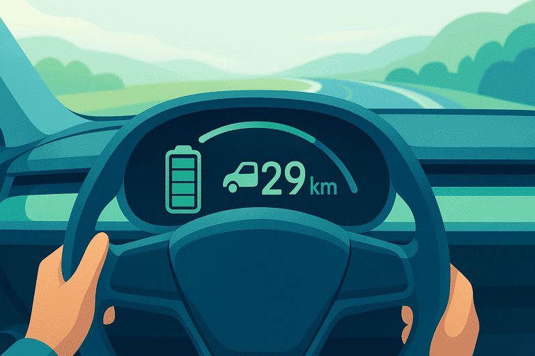 Tablero de vehículo eléctrico mostrando autonomía y porcentaje de batería