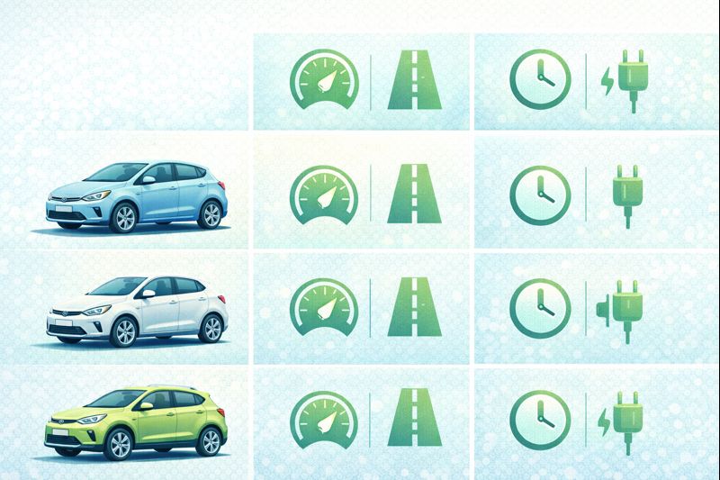 Tabla visual de autonomía y tiempos de carga para diferentes segmentos de carros eléctricos económicos