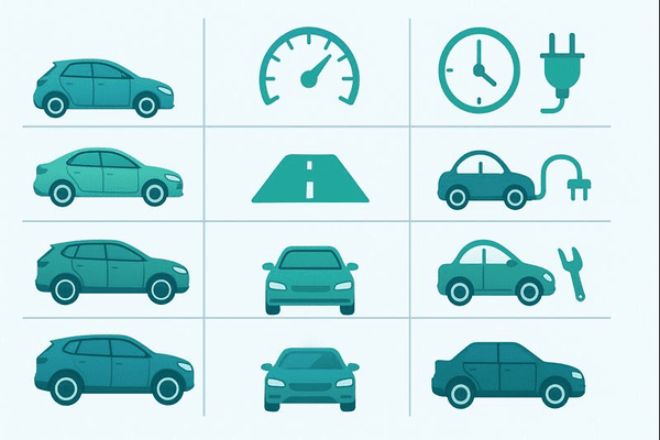 Tabla esquemática de autonomía y tiempos de carga para distintos carros eléctricos