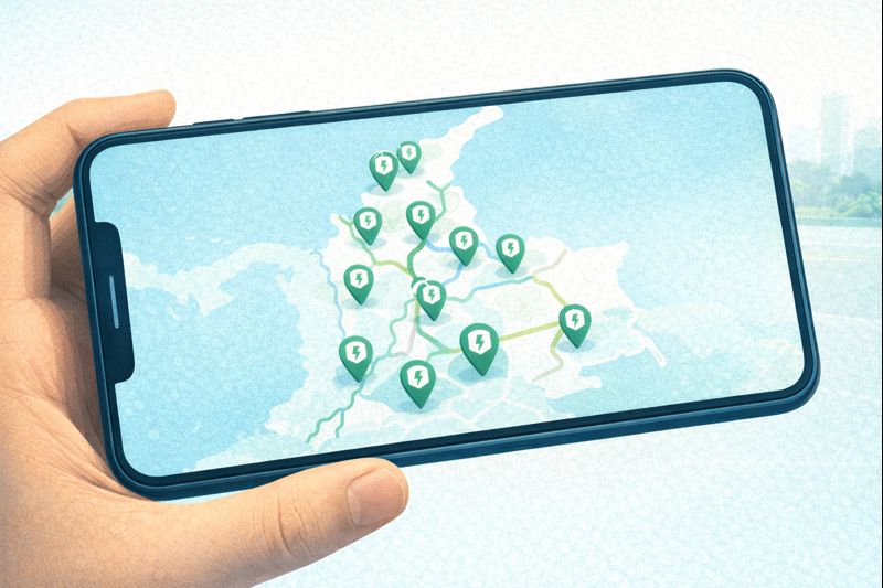 Mapa de estaciones de carga para carro eléctrico en Colombia visto en un celular