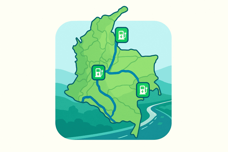 Mapa de Colombia con rutas y puntos de carga destacados