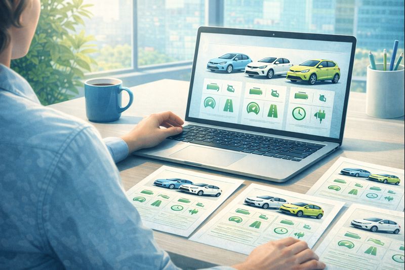 Persona comparando fichas técnicas de carros eléctricos económicos en un escritorio