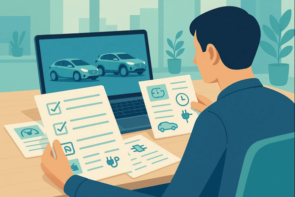 Persona comparando fichas técnicas de carros eléctricos en un escritorio