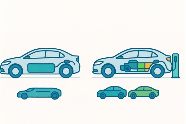 Esquema comparativo de tren motriz de carro eléctrico y de híbrido enchufable