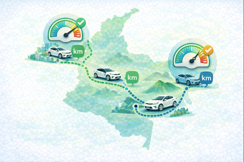 Mapa de Colombia con autonomías típicas de carros eléctricos para ciudad y carretera