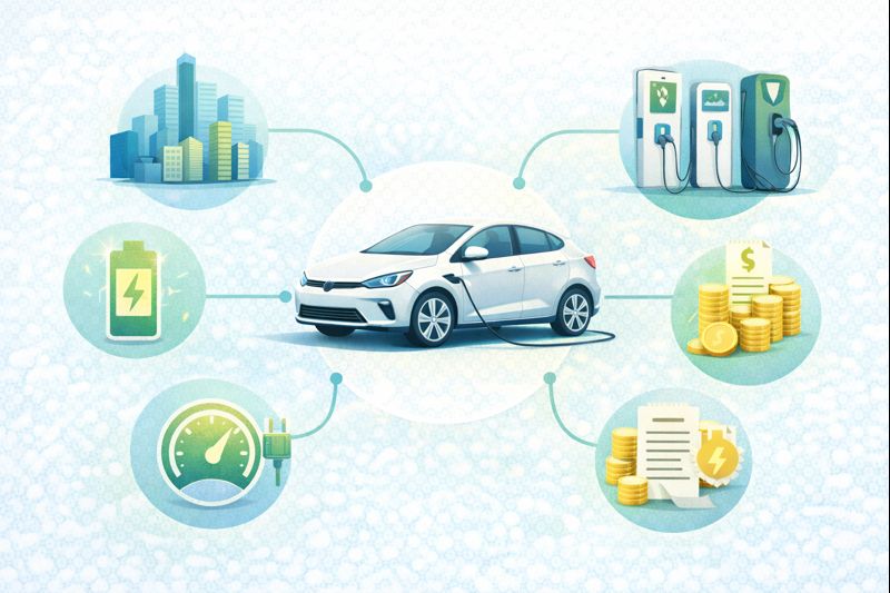 Tabla esquemática con rangos de costo por kWh de carga en casa, pública AC y carga rápida DC en Colombia