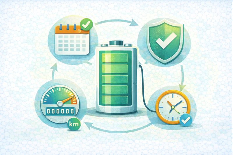 Infografía sobre vida útil de batería de carro eléctrico con iconos de años y kilometraje
