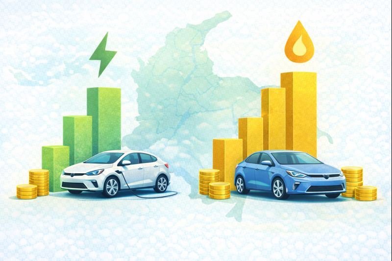 Tabla comparando el costo por 100 km de un carro eléctrico frente a uno a gasolina en varias ciudades de Colombia