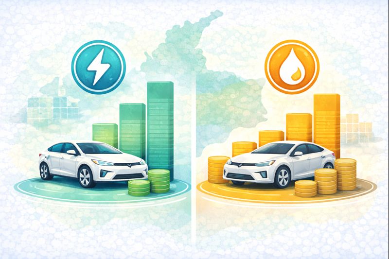Gráfico comparando costo por kilómetro de carro eléctrico vs gasolina en Colombia