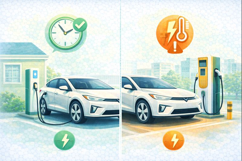 Infografía comparando carga rápida DC y carga AC en casa para carro eléctrico