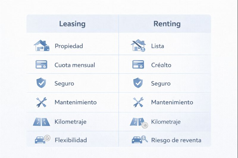 Tabla comparativa leasing vs renting (arrendamiento operativo) para carro eléctrico en Colombia