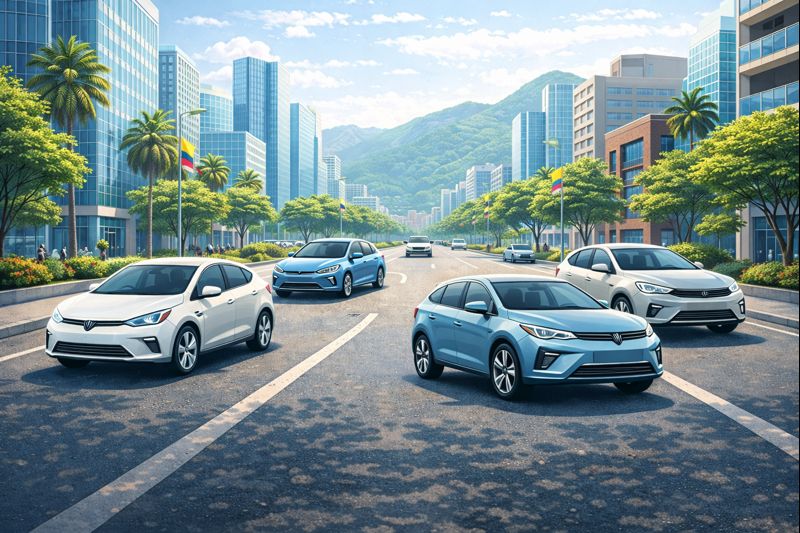 Varios carros eléctricos chinos estacionados en una ciudad colombiana