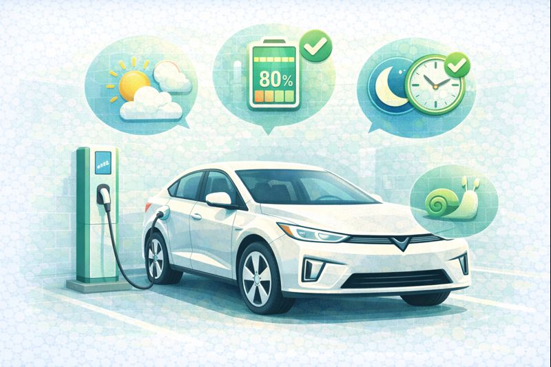Ilustración de buenas prácticas de carga para cuidar la batería de un carro eléctrico