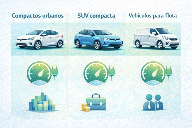 Tabla visual con segmentos de carros eléctricos chinos por tamaño, autonomía y uso recomendado