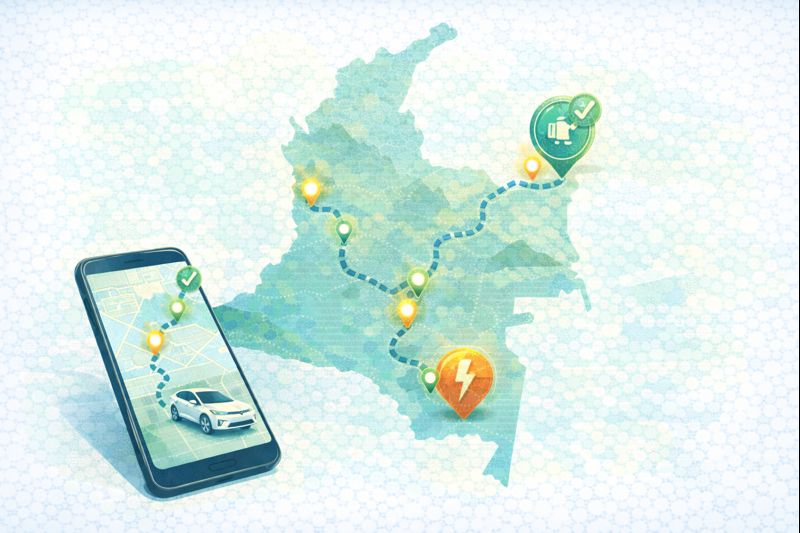 Mapa con estaciones de carga para viajes en carro eléctrico en Colombia