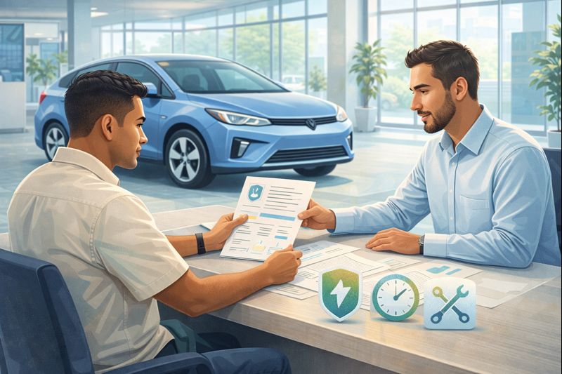 Persona colombiana en un concesionario revisando la garantía y soporte posventa de un carro eléctrico chino