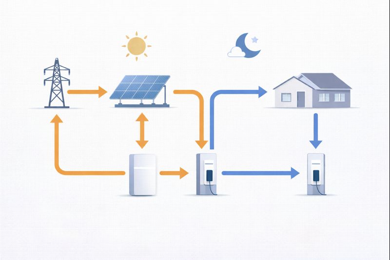 Diagrama del flujo energético: red eléctrica, paneles solares, batería y cargador de carro eléctrico en casa