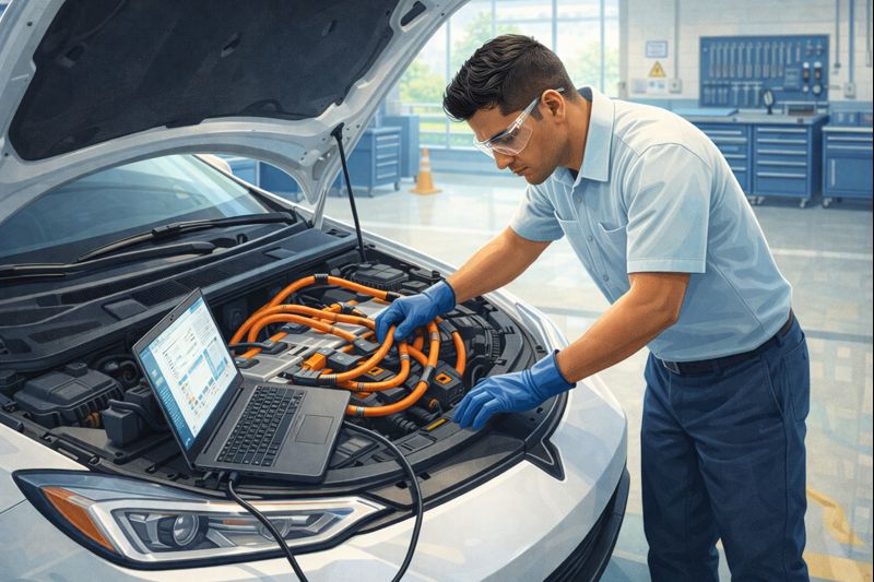 Mecánico especializado revisando un carro eléctrico en un taller en Colombia