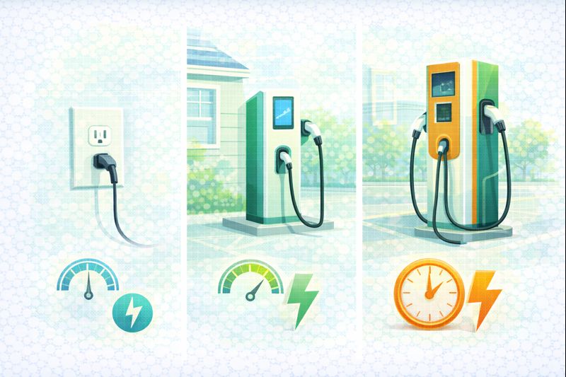 Comparación visual entre cargador doméstico, cargador de pared AC y estación rápida DC