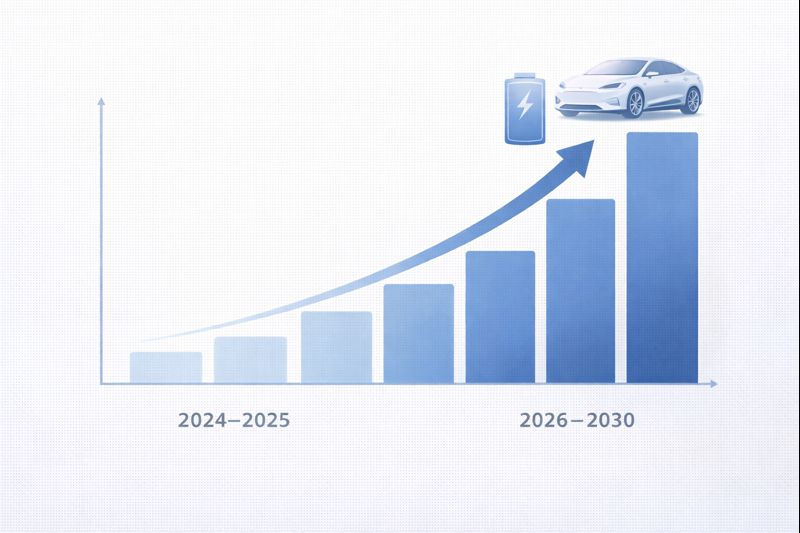 Gráfico de crecimiento de ventas de vehículos eléctricos en Colombia (2024–2025) y proyección 2026–2030