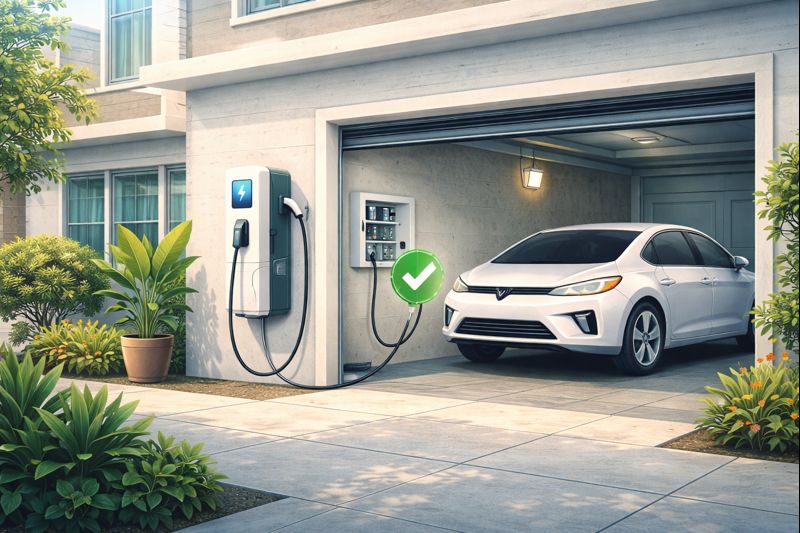 Ilustración de cargador residencial para carro eléctrico instalado correctamente en una casa en Colombia