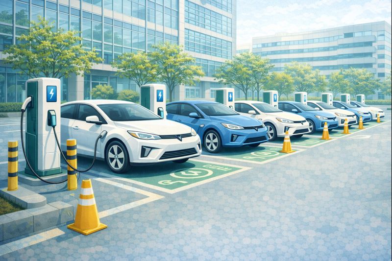 Parqueadero empresarial en Colombia con varios carros eléctricos cargando en estaciones normativas